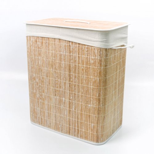 Cesto de ropa bamboo rectangular con divisor blanco