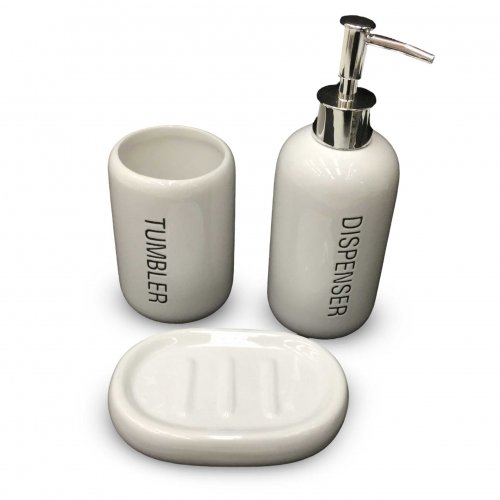 Set de baño de 3 piezas (vaso, jabonera y dispenser para jabón líquido) blanco con inscripciones letras negras de cerámica