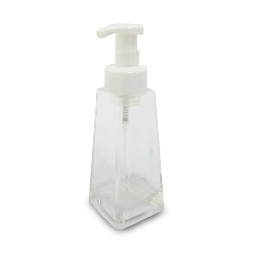 Dispenser para jabón líquido piramidal transparente con dosificador de espuma blanco 375ml 7x22cm de vidrio