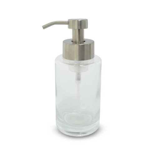 Dispenser para jabón líquido cilíndrico con dosificador de espuma cromado 350ml 7,5x18cm de vidrio