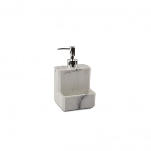 Dispenser para detergente cuadrado simil mármol blanco con porta esponja 10,5x9x17,5cm de resina