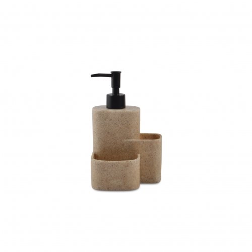 Dispenser para detergente simil piedra beige con porta esponja y porta cepillo 12x9,5x18,7cm de resina