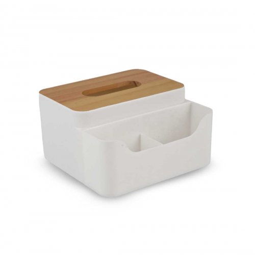 Organizador con porta toallas de papel con tapa de bamboo 18x18x9,5cm de plástico