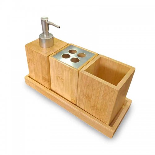 Dispenser de baño con porta cepillos 24x9x19cm - Bamboo -