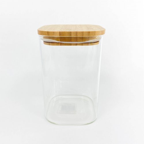 Frasco de vidrio cuadrado con tapa de bamboo 15,5 cm
