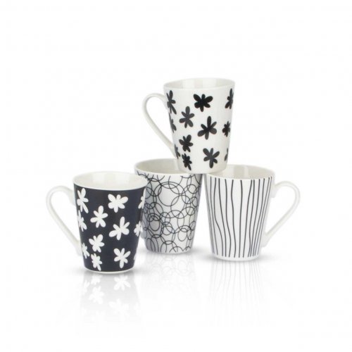 Set x12 jarros cerámica blanco-negro con líneas - flores diseños surtidos