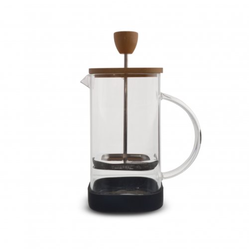 Cafetera cuadrada con tapa de bamboo, asa de vidrio y base negra 600ml 8x8x17,5cm de vidrio