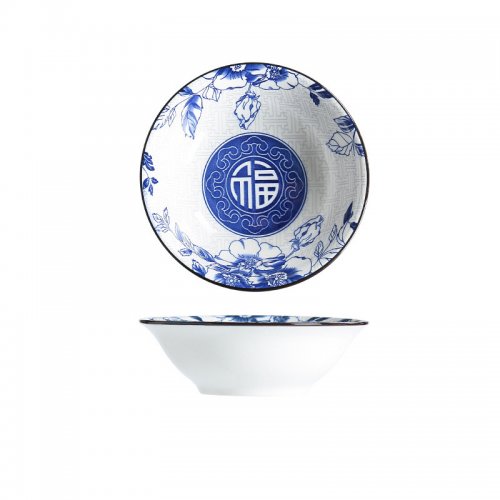 Bowl cónico blanco con flores y letras chinas azul 15cm de cerámica