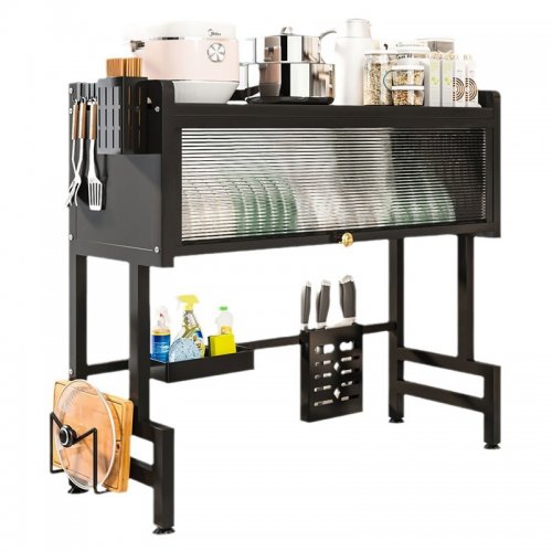 Rack organizador para mesada de cocina negro con puerta 28x85x80cm