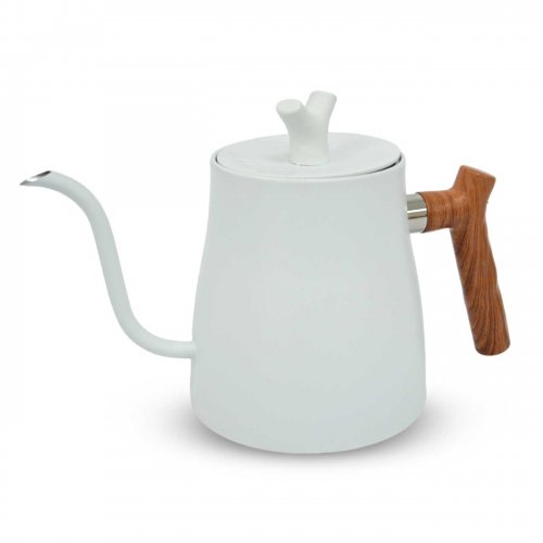 Jarra barista blanca con pico largo con asa simil madera 1500ml 10x27cm de acero