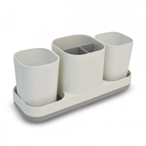 Organizador rectangular blanco con gris con 3divisiones + 2 vasos 14x8,5x11,5cm de plástico