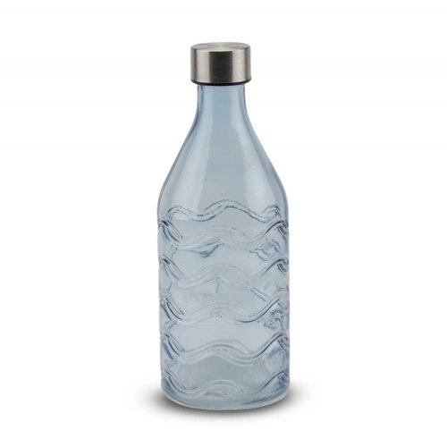 Botella redonda celeste con ondas con tapón de acero 9,5x9,5x25,5cm 1000ml - Vidrio -