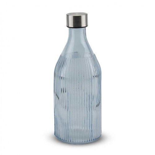 Botella redonda celeste con rayas verticales con tapón de acero 9,5x9,5x25,5cm 1000ml - Vidrio -