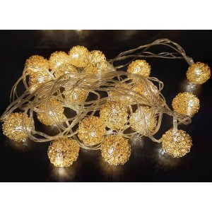 Guía x20 bolas de alambre doradas con luces led cálidas