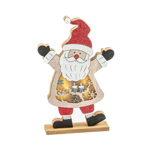 Papá Noel de madera con base y luz cálida