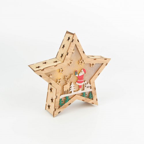 Estrella de madera calada con luz y Papá Noel a pila