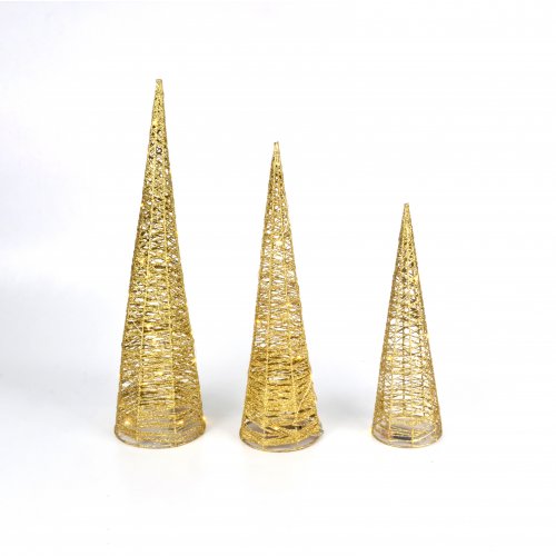 Set x 3 conos hilos entrelazados con luz a pila dorados 40-50-60cm