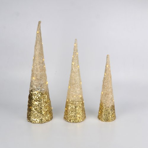 Set x3 conos franjas con luz a pila dorados 40-50-60cm