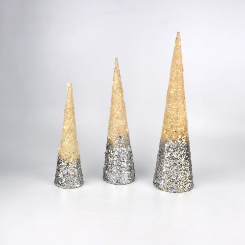 Set x3 conos franjas con luz a pila plateados 40-50-60cm
