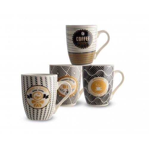 Set x12 jarros mug cerámica blanco-negro-dorado surtidos Coffee 8,2x10,6cm
