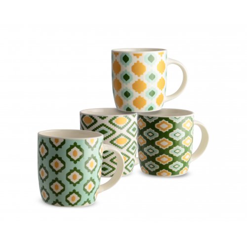 Set x12 jarros mug ceramica blanco-verde-dorado surtidos 8,5x9,1cm