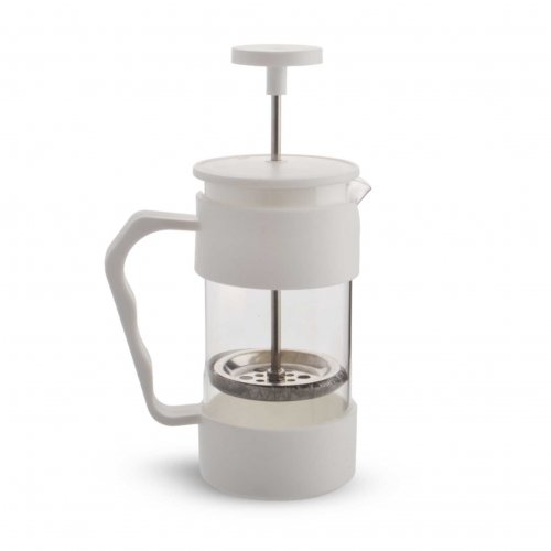 Cafetera con asa, base y tapa de plástico blanco 350ml 7,5x17cm de vidrio