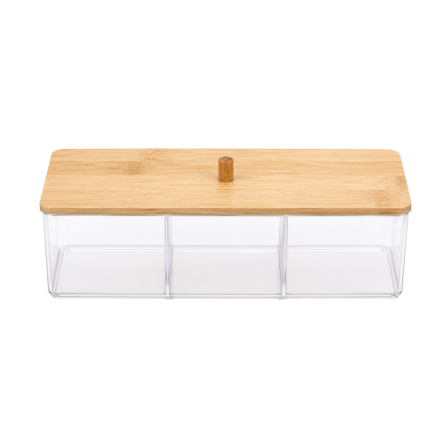 Organizador rectangular de plástico y tapa de bamboo con perilla 23,5x9,5x9cm