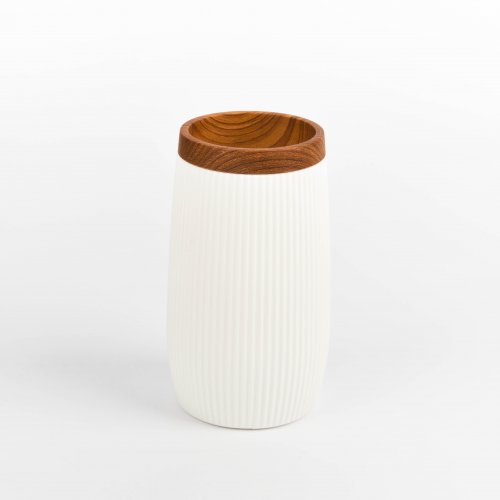 Vaso de baño rayado con borde de bamboo - Blanco