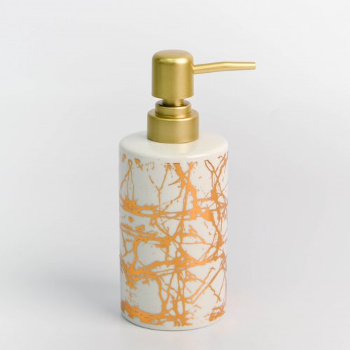 Dispenser de jabón líquido blanco con líneas doradas