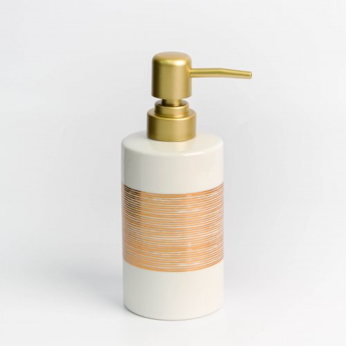 Dispenser de jabón líquido blanco con líneas horizontales doradas