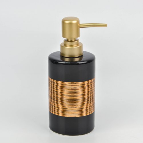 Dispenser de jabón líquido negro con líneas horizontales doradas