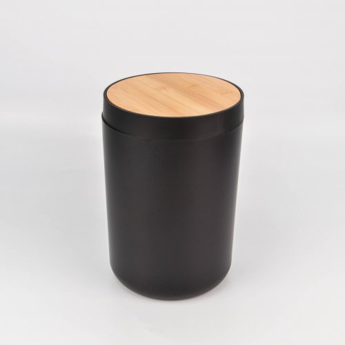 Cesto de basura negro con tapa de bamboo