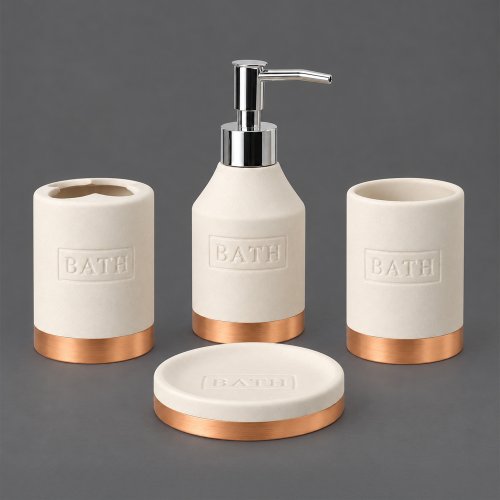 Set de baño x4 blanco con borde inferior dorado