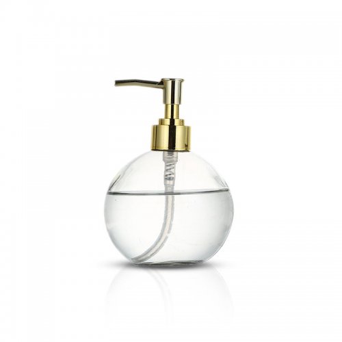 Dispenser redondo de vidrio transparente con dosificador dorado 400ml 10,5x10,1cm