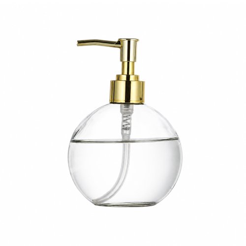 Dispenser redondo de vidrio transparente con dosificador dorado 400ml 10,5x10,1cm