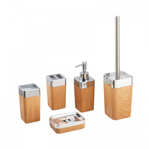 Juego de baño de 5 piezas (vaso, vaso porta cepillos de dientes, jabonera, dispenser, cepillo) cuadrado simil madera con tapa plateada