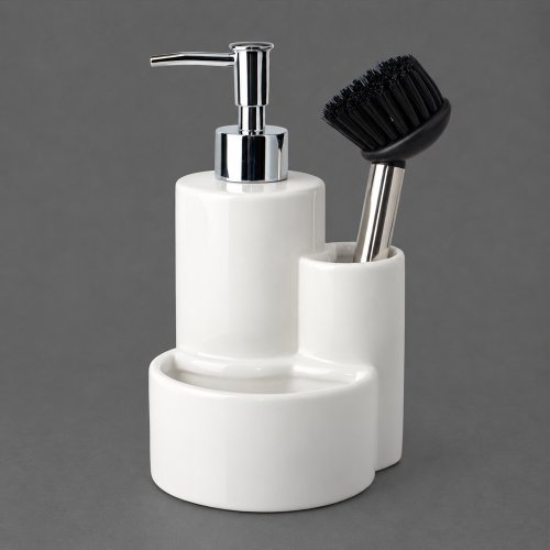 Dispenser para detergente triple con cepillo blanco de 12,1x11,5x13x19,3cm de cerámica