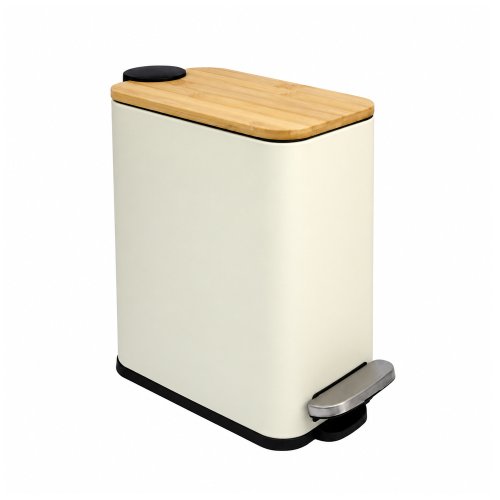 Cesto de baño rectangular natural con tapa bambú con doble balde de 5lt y pedal de 14x23x28cm de metal