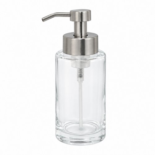 Dispenser para jabón líquido cilúndrico con dosificador de espuma cromado 350ml 7,5x18cm de vidrio