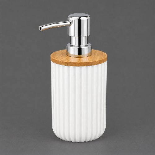 Dispenser para jabón líquido redondo blanco con rayas verticales con tapa de bambú y dosificador cromado 7,5x15cm de plástico