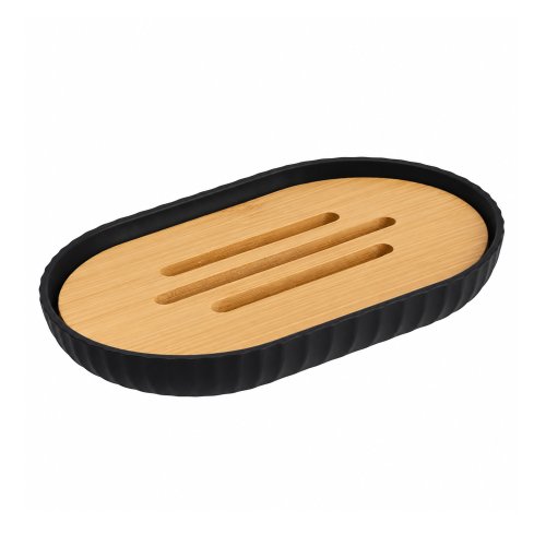 Jabonera oval negra con rayas verticales con tapa de bambú 12,5x8cm de plástico
