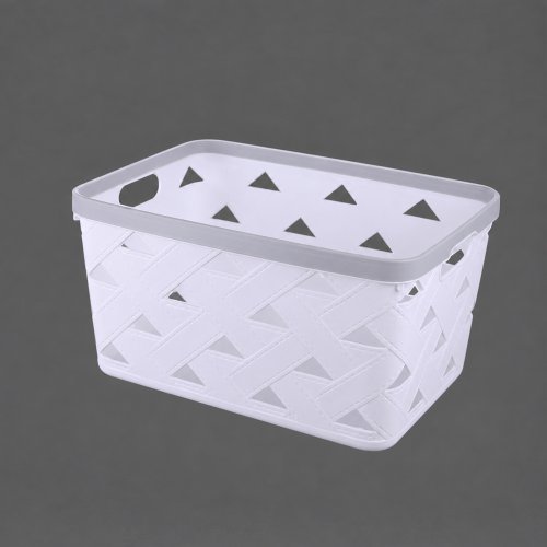 Canasto rectangular simil cuero trenzado blanco con borde gris con asa 34x25x18cm de plástico