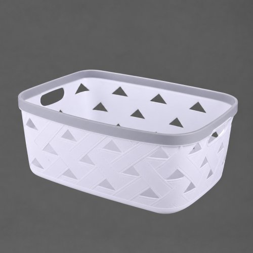 Canasto oval simil cuero trenzado blanco con borde gris con asa 30x21x13,5cm de plástico