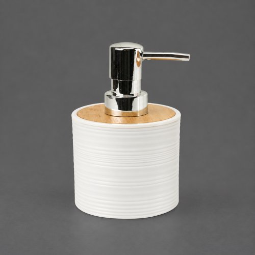 Dispenser para jabón líquido rayado de plástico blanco con bambú 8,5x7,5cm