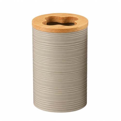 Vaso porta cepillos de dientes rayado de plástico beige con bambú 7x11cm