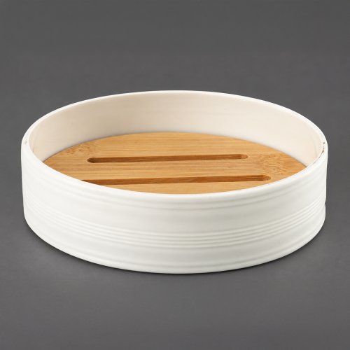 Jabonera redonda rayada de plástico blanca con bambú 11x2,7cm