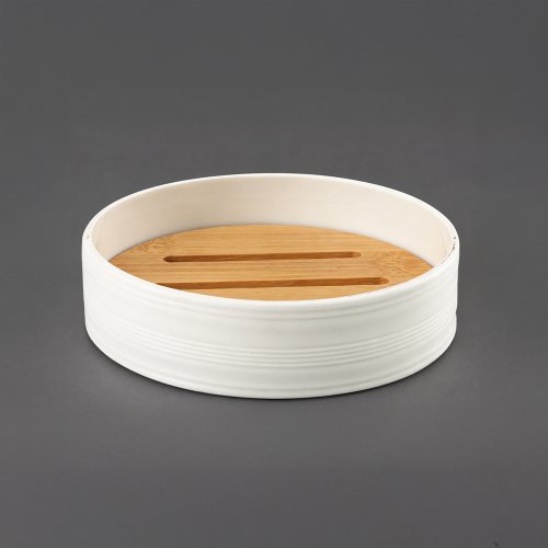 Jabonera redonda rayada de plástico blanca con bambú 11x2,7cm
