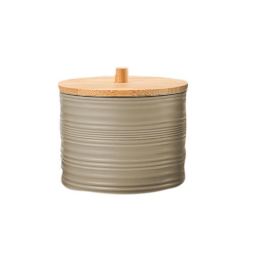 Frasco para algodón rayado de plástico beige con tapa bambú 8,5x8cm