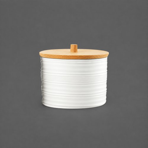 Frasco para algodón rayado de plástico blanco con tapa bambú 8,5x8cm