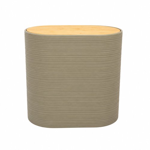 Cesto de basura oval rayado de plástico beige con tapa vaivén de bambú 25,5x16x24cm